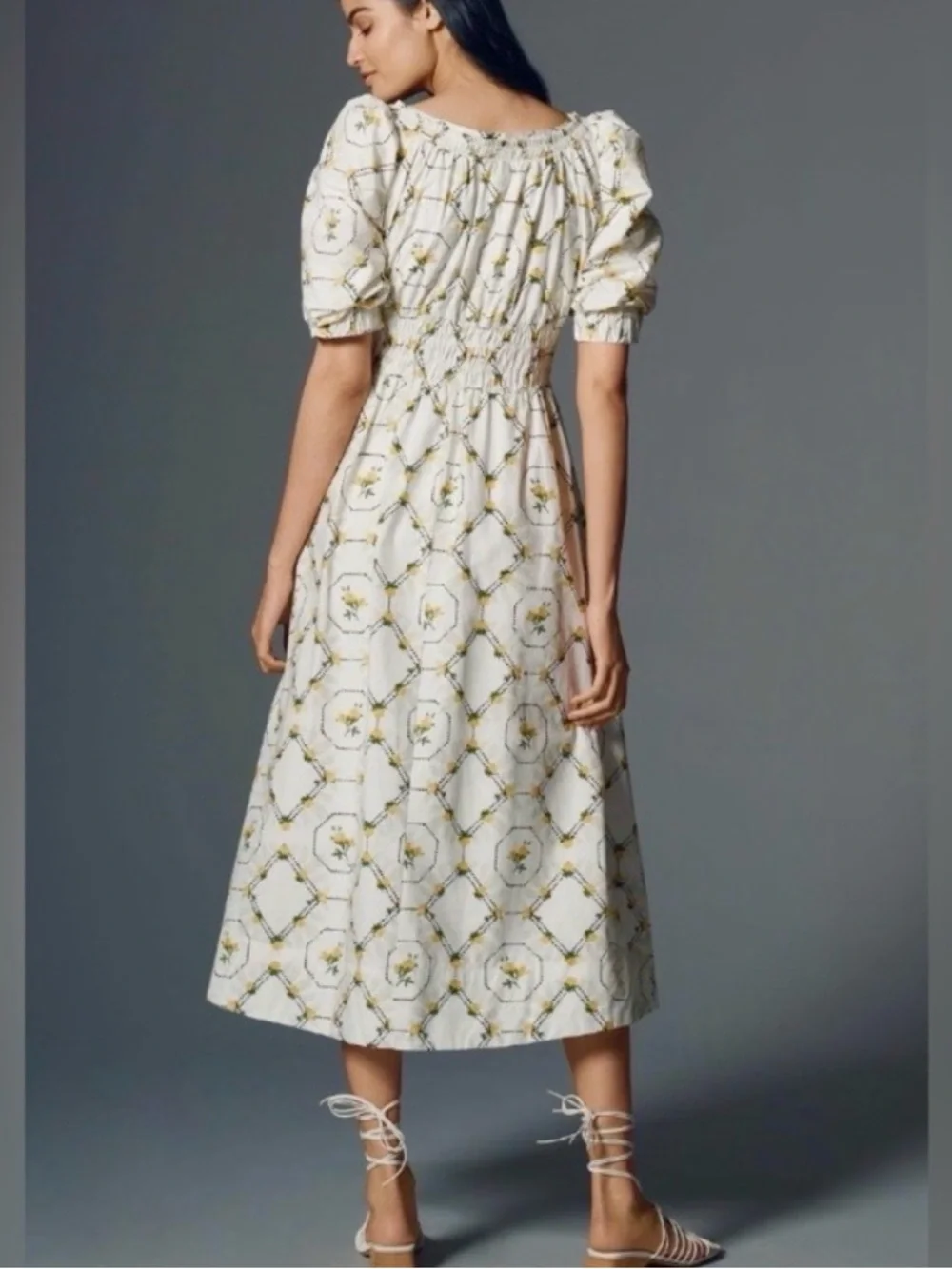 Anthropologie White Dress with Yellow Floral & Black Dot Trim size Small - Picture 4 of 8